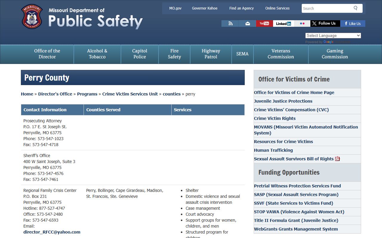 Perry County criminal court records victim services contact page