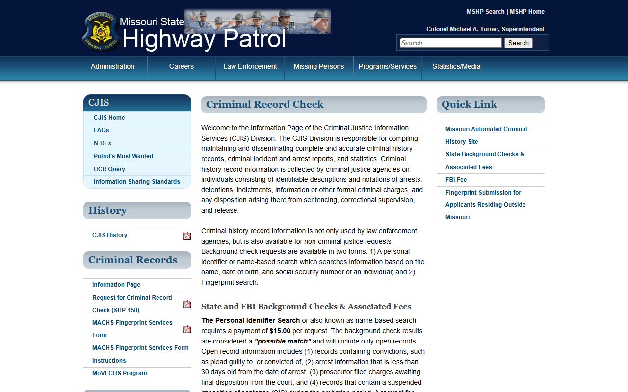 Perry County criminal court records MSHP criminal record check information