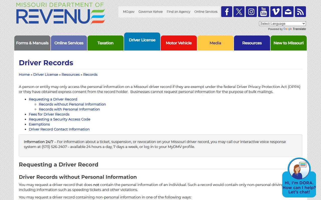 Perry County traffic court records Missouri DOR driver record request page