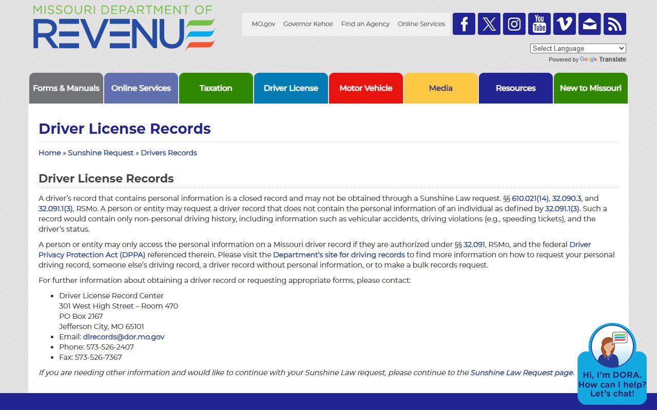 Perry County traffic court records Missouri DOR driver-record Sunshine request